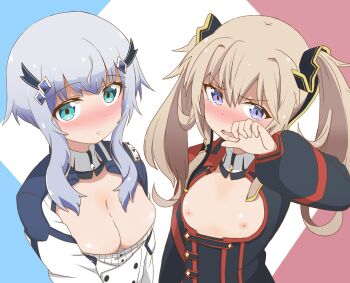 2girls blonde_hair blue_eyes blush breast_envy breasts demon_king_academy_school_uniform embarrassed green_eyes grey_hair large_breasts maou_gakuin_no_futekigousha misha_necron multiple_girls nude ribbon sasha_necron school_uniform siblings sisters small_breasts tottsan twins