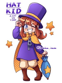 1girl ;d a_hat_in_time arm_up blue_eyes blue_umbrella boots brown_boots brown_hair brown_pants cape character_name child closed_umbrella commentary_request copyright_name dot_nose full_body grin hat hat_kid hat_ribbon holding holding_umbrella index_finger_raised jacket knee_boots long_hair long_sleeves one_eye_closed open_mouth pants ponytail purple_hat purple_jacket ribbon sidelocks smile solo standing star_(symbol) top_hat twitter_username umbrella white_background yellow_cape yellow_ribbon zabalam_inana zipper zipper_pull_tab