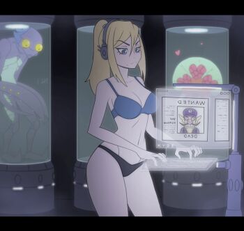 1girl animated animated_gif blonde_hair blue_eyes bra breasts closed_mouth collarbone commentary encasement english_commentary english_text frown headphones heart high_ponytail holographic_interface kyde large_breasts letterboxed long_hair mario_(series) metroid metroid_(creature) metroid_larva navel nintendo panties ponytail samus_aran sidelocks solo_focus space_pirate_(metroid) swaying typing underwear underwear_only waluigi wanted_poster zebesian