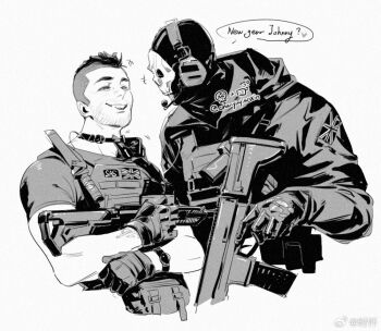 Rule 34 | 2boys, bulletproof vest, call of duty, call of duty: modern warfare 2, chanyuqianxin, chinese commentary, closed eyes, commentary request, crew neck, cropped torso, crossed arms, english text, facial hair, ghost (modern warfare 2), headphones, headset, holding, holding weapon, hood, hooded jacket, jacket, laughing, long sleeves, male focus, mask, mohawk, multiple boys, shirt, short hair, short sleeves, skull mask, soap (modern warfare 2), speech bubble, t-shirt, union jack, watch, weapon, wristwatch