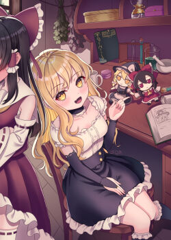 2girls alternate_costume artist_name ascot black_choker black_skirt black_socks blush book bow breasts bridal_gauntlets brown_hair character_doll choker commentary_request detached_sleeves doll fang frilled_bow frilled_choker frilled_hair_tubes frilled_skirt frills fumo_(doll) gorota hair_bow hair_tubes hakurei_reimu indoors kirisame_marisa kneehighs long_hair multiple_girls no_headwear open_book open_mouth red_bow red_skirt ribbon-trimmed_sleeves ribbon-trimmed_thighhighs ribbon_trim shirt skin_fang skirt skirt_set smile socks table test_tube test_tube_rack thighhighs touhou white_shirt white_thighhighs yellow_ascot yukkuri_shiteitte_ne