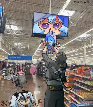 2boys 3girls aalto_(wuthering_waves) black_gloves black_hair black_jacket black_pants blue_hair blue_veil camellya_(wuthering_waves) commentary encore_(wuthering_waves) english_commentary gloves highres jacket lennykaise long_hair low_ponytail male_rover_(wuthering_waves) meme mini_person minigirl multiple_boys multiple_girls pants photo_background ponytail rover_(wuthering_waves) shorekeeper_(wuthering_waves) showing_baby_to_a_supermarket_camera_(meme) two-tone_veil veil white_veil wuthering_waves