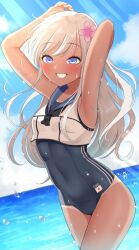 Rule 34 | 1girl, beach, blonde hair, blue eyes, blue sky, blush, breasts, cloud, cloudy sky, crop top, day, flower, hair flower, hair ornament, japanese flag, kantai collection, long hair, looking at viewer, ocean, one-piece swimsuit, one-piece tan, outdoors, ro-500 (kancolle), sailor collar, school swimsuit, school uniform, serafuku, sky, smile, solo, swimsuit, swimsuit under clothes, tan, tanline, water, yomogi dango