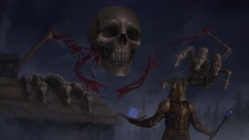 1other ambiguous_gender armor battle blood bohrokki book boss_fight chimney cloud cloudy_sky disembodied_hand disembodied_head forest full_armor giant giant_monster giant_skull highres holding holding_book holding_weapon house mage_staff nature night open_book player_character_(terraria) scenery signature skeleton skeletron skull sky smoke staff standing terraria tree upper_body weapon