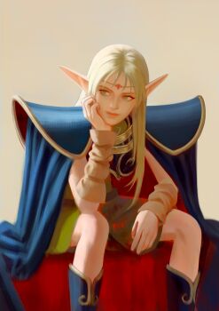 1girl armor belt blonde_hair boots bracelet breastplate circlet closed_mouth commentary deedlit elf english_commentary green_eyes green_tunic head_on_hand highres jewelry lips long_hair looking_to_the_side pauldrons pointy_ears record_of_lodoss_war shoulder_armor simple_background sitting solo tunic yusuf_zmirlin