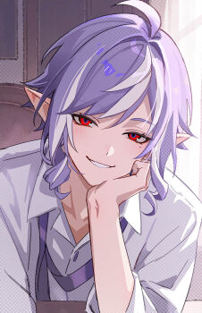 1boy ahoge blush collarbone commentary_request drill_hair drill_sidelocks genderswap genderswap_(ftm) head_rest indoors looking_at_viewer male_focus mole mole_under_eye necktie orsat parted_lips pointy_ears purple_hair purple_nails purple_necktie red_eyes shirt sidelocks sleeves_rolled_up smile solo undone_necktie upper_body vivian_banshee white_shirt zenless_zone_zero