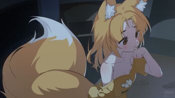 1girl animal_ear_fluff animal_ears antenna_hair artist_name bare_shoulders blonde_hair blush breasts brown_eyes cleavage collarbone commentary english_commentary eyes_visible_through_hair fox_ears fox_girl fox_tail highres licking licking_hand n3moni off-shoulder_shirt off_shoulder original parted_bangs shirt small_breasts solo tail twitter_username yellow_shirt