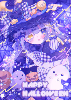 Rule 34 | 1girl, :3, :p, blunt bangs, blush, bow, bowtie, candy, checkerboard cookie, closed mouth, commentary, cookie, donut, dot nose, dress, food, frilled sleeves, frills, ghost, gingham bow, grey hair, hair between eyes, hair bow, halloween, happy halloween, hat, heterochromia, highres, jack-o'-lantern, lollipop, long hair, long sleeves, looking at viewer, original, purple bow, purple bowtie, purple dress, purple eyes, purple hat, sango (35sangosan), sleeve bow, sleeves past fingers, sleeves past wrists, smile, solo, swirl lollipop, tongue, tongue out, upper body, witch hat, wrapped candy, yellow eyes