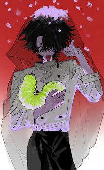 1boy animal black_hair bug buttons closed_eyes cowboy_shot double-breasted fang fang_out gradient_background hair_over_one_eye highres holding holding_animal larva male_focus original oversized_animal red_background short_hair snow snowing standing tongue tongue_out veil ze0reo