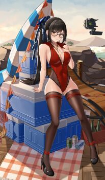 absurdres arm_support armpit_crease bare_shoulders beach beach_umbrella between_breasts black-framed_eyewear black_hair black_shoes blue_sky blush bottle boulder box breasts brown_eyes brown_thighhighs bunting can chinese_commentary cleavage closed_mouth closed_umbrella cloud commentary commentary_request cooler covered_navel cropped drawstring drink_can earrings english_commentary eve_(stellar_blade) full_body glasses gluteal_fold groin hand_on_own_chest heart_pendant high_heels high_ponytail highleg highleg_leotard highres hill hood hood_down hooded_leotard jewelry jfzm001 leaning_back leotard long_hair looking_at_viewer looking_to_the_side medium_breasts mixed-language_commentary on_box outdoors picnic_blanket pigeon-toed ponytail pumps red_leotard round_eyewear shoes sideways_glance sitting sitting_on_box sky sleeveless smile stellar_blade stiletto_heels straight_hair string_of_flags swept_bangs thighhighs thighs tree umbrella unzipped variant_set wooden_floor zipper zipper_pull_tab