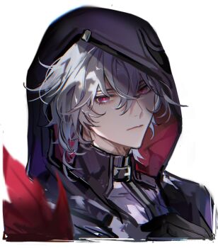 Rule 34 | 1boy, belt, belt buckle, belt collar, black belt, black gloves, buckle, closed mouth, collar, collared shirt, commentary request, gloves, grey hair, hair between eyes, hand on own chest, highres, honkai: star rail, honkai (series), hood, hood up, jacket, male focus, medium hair, moze (honkai: star rail), multicolored eyes, purple jacket, shirt, simple background, solo, two-sided hood, unfinished, white background, zonega4u
