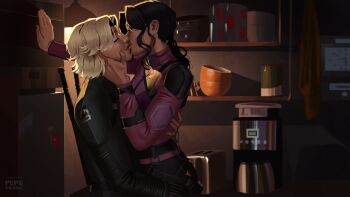 2girls black_gloves black_hair black_jacket black_pants blonde_hair bowl clock closed_eyes coffee_maker commentary commission couple curly_hair english_commentary fingerless_gloves gloves hand_on_another&#039;s_back hand_on_another&#039;s_cheek hand_on_another&#039;s_face hawkeye_(disney+) highres indoors jacket kate_bishop kiss lifting_person low_ponytail marvel multiple_girls pants parted_bangs pepedraws ponytail profile purple_shirt refrigerator shelf shirt short_hair thunderbolts_(movie) toaster weapon weapon_on_back yelena_belova yuri