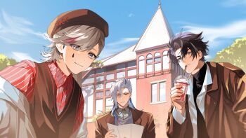 3boys alternate_costume alternate_ears beret black_hair black_shirt blonde_hair blue_hair brown_hat brown_vest closed_mouth cup disposable_cup drinking_straw facial_mark genshin_impact grey_eyes grey_hair grey_shirt guest_art hat highres holding holding_cup jacket long_hair long_sleeves looking_at_viewer lyney_(genshin_impact) male_focus multicolored_hair multiple_boys neuvillette_(genshin_impact) open_clothes open_jacket red_hair red_shirt shirt short_hair smile sriokorr streaked_hair teardrop_facial_mark vest white_hair white_jacket wriothesley_(genshin_impact)
