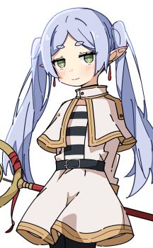 1girl absurdres auhuheben17 capelet closed_mouth commentary cowboy_shot earrings elf frieren green_eyes grey_hair highres holding holding_staff jewelry long_hair looking_at_viewer parted_bangs pointy_ears solo sousou_no_frieren staff standing twintails white_background