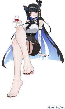 1girl absurdres alcohol barefoot black_hair blush crossed_legs cup drinking_glass ecchi-o feet highres hololive horns long_hair looking_at_viewer miniskirt multicolored_hair nerissa_ravencroft parted_lips red_eyes skirt toes two-tone_hair wine wine_glass