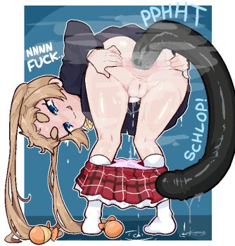 alpha_transparency anal anal_object_insertion anus ass bent_over blonde_hair blue_eyes calamity33 cardigan chuunibyou_demo_koi_ga_shitai! cleft_of_venus clothes_pull dekomori_sanae dildo english_text from_behind full_body gluteal_fold half-closed_eyes highres huge_dildo kneehighs kneepits leaning_forward long_hair long_sleeves looking_at_viewer looking_back object_insertion open_mouth panties pink_panties plaid_clothes plaid_skirt profanity pussy red_skirt school_uniform sex_toy shiny_skin skirt skirt_pull socks sound_effects spread_anus standing sweat sweatdrop thick_eyebrows thighs twintails uncensored underwear variant_set white_socks