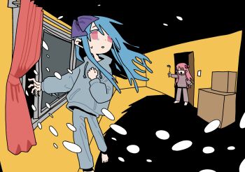 Rule 34 | 2girls, absurdres, alternate costume, aruun, barefoot, blue hair, bow, box, brown pants, brown sweater, cardboard box, curtains, floating hair, frost, grey hoodie, grey pants, hair bow, hallway, highres, holding, holding ladle, hood, hoodie, indoors, kotonoha akane, kotonoha aoi, kuuneru engeizaa (voiceroid), ladle, long hair, long sleeves, looking to the side, multiple girls, night, open door, open mouth, open window, pants, parted lips, pink eyes, pink hair, purple bow, red bow, siblings, sisters, smile, snow, snowing, standing, sweater, tearing up, voiceroid, wind, window