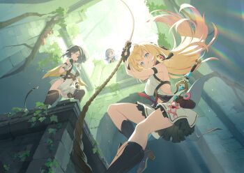 3girls :q ahoge amber_(stella_sora) aqua_dress backless_shirt black_boots black_gloves black_hair black_hat black_leotard black_thighhighs blonde_hair blue_eyes boots breasts climbing_rope clothing_cutout dress fingerless_gloves frilled_skirt frills from_below game_cg gloves hat highres iris_(stella_sora) large_breasts leotard leotard_under_clothes long_hair looking_at_viewer looking_to_the_side miniskirt multiple_girls navel navel_cutout necktie new_star_guild_(stella_sora) non-web_source noya_(stella_sora) official_art purple_hair red_eyes red_necktie rope shirt short_dress short_hair sideboob sideless_dress sideless_shirt sidelocks skirt sleeveless sleeveless_dress sleeveless_shirt smile squirrel star-shaped_pupils star_(symbol) stella_sora symbol-shaped_pupils thigh_boots thighhighs tongue tongue_out white_shirt white_skirt yellow_eyes