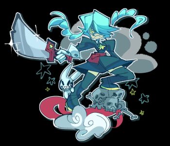 1girl annie_(skullgirls) belt_pouch black_background blue_hair bone boots braid dress frown full_body grin hair_over_one_eye hoaxghost holding holding_sword holding_weapon juliet_sleeves long_sleeves pouch puffy_sleeves sagan_(skullgirls) sharp_teeth short_dress skull skullgirls smile solo star_(symbol) stuffed_animal stuffed_rabbit stuffed_toy sword teeth thigh_boots twin_braids weapon yellow_eyes