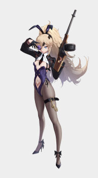 1girl 9h absurdres alternate_costume animal_ear_hairband animal_ears arm_up belt black_belt black_gloves black_jacket black_necktie black_shoes blonde_hair blue_eyes breasts closed_mouth clothing_cutout cropped_jacket detached_collar eyepatch fake_animal_ears flower full_body gloves goddess_of_victory:_nikke grey_pantyhose guillotine_(nikke) gun hair_between_eyes hair_over_one_eye hairband half_gloves hand_over_eye high_heels highleg highleg_leotard highres holding holding_gun holding_weapon jacket leotard long_bangs long_hair long_sleeves looking_at_viewer navel navel_cutout necktie pantyhose playboy_bunny pubic_tattoo purple_flower purple_leotard purple_rose rabbit_ear_hairband rabbit_ears rose shoes sidelocks simple_background small_breasts solo standing strapless strapless_leotard submachine_gun tachi-e tattoo thigh_belt thigh_strap thompson_submachine_gun variant_set very_long_hair weapon white_background zipper zipper_pull_tab