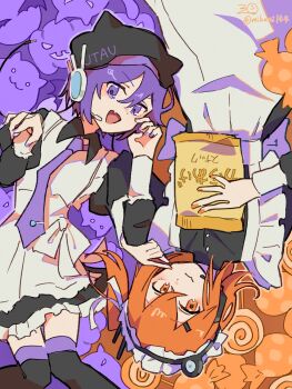 2girls a.i._voice adachi_rei alternate_costume animal_hat artist_name bag cat_hat collared_dress commentary dress eating english_commentary enmaided fang frilled_dress frills halloween hat headphones headset highres holding holding_bag locked_arms long_hair long_sleeves maid maid_headdress mikuni144 multiple_girls nail_polish necktie one_side_up open_mouth orange_eyes orange_hair purple_eyes purple_hair robot_ears rotational_symmetry short_hair skin_fang sleeve_cuffs smile thighhighs utane_uta utau