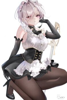 1girl apron black_collar black_corset black_gloves black_necktie black_shoes black_skirt buttons collar commentary copyright_notice corset detached_collar elbow_gloves english_commentary eyelashes gloves gold_trim grey_hair high_heels highres isari_sensei maid maid_headdress necktie original pantyhose red_eyes shoes short_hair skirt sleeveless solo sword waist_apron weapon white_apron