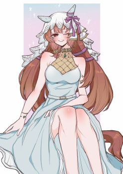 1girl absurdres animal_ears bare_shoulders bow breasts brown_hair cleavage collared_dress commentary_request dress ear_covers ear_ribbon grey_dress grey_hair hair_over_shoulder hair_ribbon hair_spread_out hand_on_lap highres horse_ears horse_girl horse_tail long_hair medium_breasts multicolored_hair one_eye_closed purple_ribbon ribbon rinren_(chun8chun8chun) see-through_clothes see-through_dress sitting sleeveless sleeveless_dress solo still_in_love_(umamusume) tail umamusume veil very_long_hair white_veil