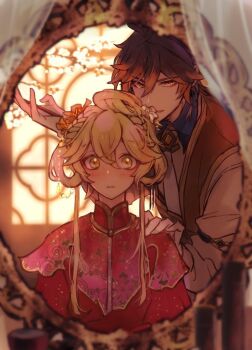 2boys aether_(genshin_impact) black_hair blonde_hair blush braid chinese_clothes commentary_request crossdressing crossdressing_(mtf) crown_braid dress earrings genshin_impact gradient_hair hinata0313 jewelry long_hair looking_at_mirror male_focus mirror multicolored_hair multiple_boys necklace partial_commentary red_dress single_earring vest yaoi yellow_eyes zhongli_(genshin_impact)