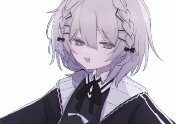 1girl arazan_(ara_arazan24) black_bow black_jacket black_ribbon black_sweater bow braid collared_shirt double-parted_bangs grey_eyes grey_hair hair_bow hair_ornament hairclip half-closed_eyes hashtag-only_commentary indie_virtual_youtuber jacket low_ponytail medium_hair open_mouth ponytail ribbon sakigane_poshika shirt short_ponytail simple_background smile solo sweater virtual_youtuber white_background