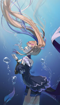 1girl absurdres air_bubble airi_kanna bagjong08317117 blue_shirt blue_shorts brown_hair bubble closed_eyes commentary_request cowboy_shot detached_sleeves fins fish_tail floating_hair from_side hands_up highres korean_commentary long_hair long_sleeves multicolored_hair open_mouth shirt short_shorts shorts sideways_mouth solo stellive strapless strapless_shirt tail underwater very_long_hair virtual_youtuber