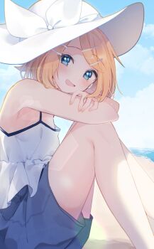 Rule 34 | 1girl, alternate costume, beach, blonde hair, blue eyes, blue shorts, blue sky, blush, bow, camisole, cloud, cloudy sky, commentary request, crossed arms, day, feet out of frame, from side, hair ornament, hairclip, hat, hat bow, hat ribbon, highres, hugging own legs, kagamine rin, knees up, lens flare, looking at viewer, mani (manidrawings), medium hair, ocean, open mouth, parallel hairclips, parted bangs, ribbon, sand, shore, short shorts, shorts, sidelocks, sitting, sky, solo, sun hat, thighs, turning head, vocaloid, white bow, white camisole, white hat, white ribbon