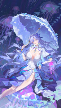 1girl absurdres alin_leng_bu_sheng blue_eyes blue_flower breasts cantarella_(wuthering_waves) chinese_commentary commentary_request dress earrings flower hair_flower hair_ornament headdress highres holding holding_umbrella jellyfish jewelry large_breasts long_hair looking_at_viewer parasol parted_lips purple_hair shrug_(clothing) smile solo thighhighs thighs umbrella white_dress white_shrug white_thighhighs wuthering_waves