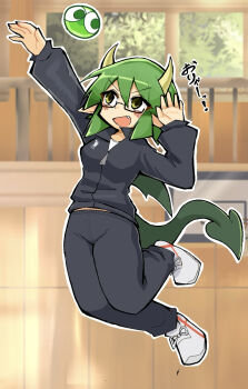 1girl bespectacled black_track_suit blurry blurry_background blush brown_eyes clothes_writing commentary_request double-parted_bangs draco_centauros draco_centauros_(manager) dragon_girl dragon_horns dragon_tail dragon_wings fang glasses green_hair hair_between_eyes highres horns jumping kurokogeee long_sleeves medium_hair open_mouth outline puffy_long_sleeves puffy_sleeves puyo_(puyopuyo) puyopuyo puyopuyo_quest shirt shoes smile tail throwing track_suit translation_request tree unfinished v-shaped_eyebrows volleyball white_outline white_shirt white_shoes window wings zipper_pull_tab