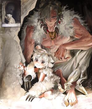 1boy 1girl :3 animal animal_ears barefoot bear bear_boy bear_ears bear_girl bear_pelt black_eyes blonde_hair brown_hair cave child full_body hair_over_one_eye highres jewelry knee_up looking_at_viewer necklace no_shirt original pants pelt personification polar_bear reference_inset scar scar_on_arm scar_on_chest scar_on_face sharp_toenails short_hair sitting sycisycii toenails toned toned_male