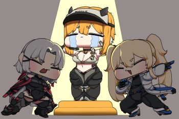 Rule 34 | 3girls, absurdres, armband, armored legwear, bandaid, bandaid on cheek, bandaid on face, bare shoulders, black bodysuit, black choker, black gloves, black leotard, black pants, black thighhighs, blonde hair, bodysuit, breasts, choker, cleavage, cloak, closed eyes, closed mouth, coat, collarbone, commentary, crying, deformed, drake (nikke), ear piercing, earpiece, elbow gloves, gloves, goddess of victory: nikke, hair between eyes, hair ornament, highleg, highleg leotard, highres, kokee12, laplace (nikke), large breasts, leg armor, leotard, long hair, matis (nikke), maxwell (nikke), medium breasts, midriff, multicolored gloves, multiple girls, multiple piercings, navel, open clothes, open coat, open mouth, outstretched arm, outstretched arms, pants, parted bangs, piercing, red cloak, short hair, short hair with long locks, sidelocks, smile, sports bra, spotlight, standing, standing on one leg, streaming tears, t-pose, tears, thighhighs, twintails, two-tone gloves, visor cap, white coat, white hair, white sports bra, yellow armband