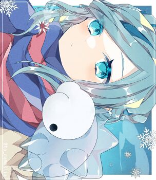 1boy blue_background blue_eyes blue_hair blue_scarf border bug gen_8_pokemon grusha_(pokemon) highres jacket long_hair looking_at_viewer male_focus nintendo on_shoulder pokemon pokemon_(creature) pokemon_on_shoulder pokemon_sv scarf sideways simple_background snom snowflakes striped_clothes striped_scarf to_camellia two-tone_scarf upper_body white_border yellow_jacket