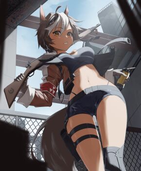 1girl absurdres alternate_costume animal_ears black_gloves black_shirt black_shorts breasts brown_eyes brown_fur brown_jacket commentary commission cropped_jacket cropped_shirt day english_commentary explosive fence gloves grenade gun hair_between_eyes highres holding holding_gun holding_weapon horse_ears horse_girl horse_tail jacket knee_pads large_breasts long_sleeves looking_at_viewer multicolored_hair navel outdoors pouch rifle s-masa_7131 second-party_source shirt short_hair short_shorts shorts skeb_commission solo standing tail thigh_pouch tomoe_umari v-dere virtual_youtuber weapon white_hair