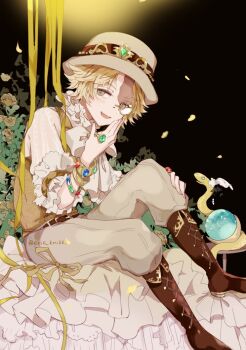 1boy blonde_hair blue_gemstone boots bow bowtie bracelet brown_boots brown_pants eric_knikki feet_out_of_frame flower frilled_shirt_collar frilled_sleeves frills gem gold_trim green_gemstone grey_eyes identity_v jewelry male_focus monocle norton_campbell norton_campbell_(mining_director) official_alternate_costume pants puffy_pants red_gemstone ribbon ring rose scar scar_across_eye scar_on_face shirt smile snake three-quarter_sleeves twitter_username white_bow white_bowtie white_shirt yellow-framed_eyewear yellow_flower yellow_ribbon yellow_rose