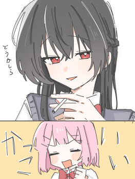 amaori_renako black_hair blush_stickers braid clenched_hand highres holding idimushoten koto_satsuki pink_hair smile watashi_ga_koibito_ni_nareru_wake_naijan_murimuri!