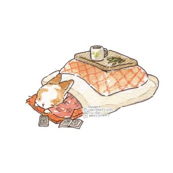 animal animal_focus berry_jou book commentary_request cup cushion highres kotatsu no_humans open_book original rabbit sleeping table under_kotatsu under_table