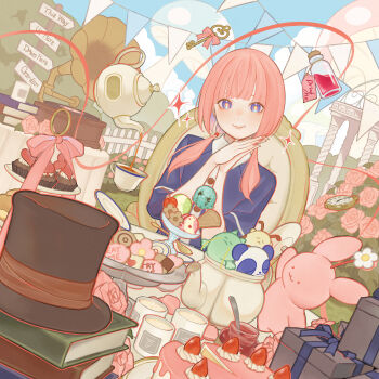 1girl absurdres blue_eyes bottle cake closed_mouth commentary_request cookie food gift hands_up hat highres ice_cream kaf_(kamitsubaki_studio) kamitsubaki_studio low_twintails mushroom own_hands_together pink_hair sitting smile solo stuffed_animal stuffed_rabbit stuffed_toy sweets top_hat twintails upper_body virtual_youtuber wand zudxpnz