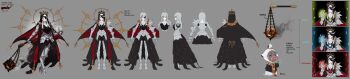 Rule 34 | 1girl, absurdres, ahoge, armor, asymmetrical armor, black dress, boris (general geega), commentary, crown, dress, english commentary, epebe, eyepatch, general geega, general geega (templar), gold crown, gold halo, grey eyes, grey hair, heterochromia, highres, huge ahoge, indie virtual youtuber, long hair, long image, multiple views, nun, official art, red eyes, reference sheet, thurible, turnaround, virtual youtuber, wide image
