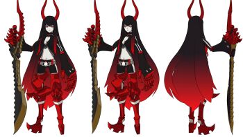 10s 1girl 3d armor bike_shorts black_gold_saw black_hair black_rock_shooter breasts reference_sheet choker cleavage gradient_hair groin horns king_saw long_hair multicolored_hair multiple_persona navel official_art red_eyes red_hair shorts simple_background small_breasts star_(symbol) sword very_long_hair weapon