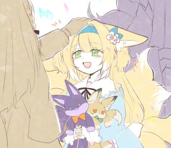 1boy 2girls animal_ears arknights blonde_hair blue_hairband character_doll commentary_request doll father_and_daughter fox_ears fox_girl fox_tail green_eyes hairband headpat kitsune korean_commentary kyuubi long_hair mother_and_daughter multiple_girls multiple_tails petting stuffed_toy suzuran&#039;s_father_(arknights) suzuran_(arknights) tail vulpisfoglia_(arknights) wang_0w0