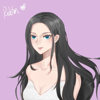 Rule 34 | 1girl, bare shoulders, black hair, blue eyes, character name, commentary request, dress, eyelashes, highres, light smile, long hair, nico robin, one piece, purple background, simple background, solo, upper body, white dress, yang77780185
