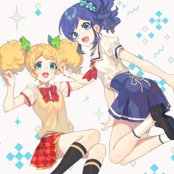 Rule 34 | 2girls, :d, afro puffs, aikatsu!, aikatsu! (series), black shoes, blonde hair, blue eyes, blue hair, bow, commentary request, dream academy school uniform, green bow, hair bow, hands up, invisible chair, kiriya aoi, kneehighs, kurotea, loafers, long hair, looking at viewer, miniskirt, multiple girls, open mouth, plaid clothes, plaid skirt, pleated skirt, red skirt, saegusa kii, school uniform, serafuku, shirt, shoe soles, shoes, short sleeves, side ponytail, sitting, skirt, smile, socks, starlight academy school uniform, summer uniform, sweater vest, twintails, white shirt, white socks