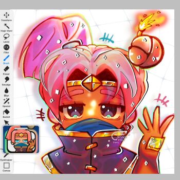+++ 1girl art_program_in_frame blue_eyes blue_mask bomb boss_bandit_(clash_royale) brown_gloves circlet cirsqn clash_royale commentary english_commentary explosive gloves hand_up highres mask mouth_mask pink_hair ponytail reference_inset short_hair solo straight-on