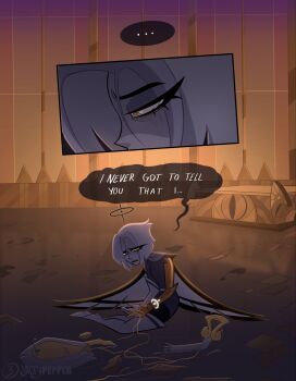 ... 1girl artist_name black_pants boots english_text gloves guitar halo hazbin_hotel hellaverse highres instrument lute_(hazbin_hotel) mechanical_arms pants saitypepper short_hair single_mechanical_arm sitting speech_bubble white_boots white_gloves white_hair wings