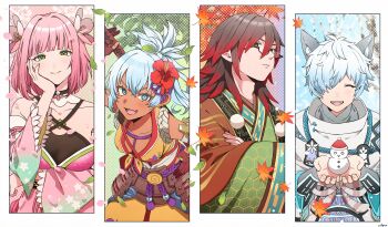 Rule 34 | 2boys, 2girls, animal ears, armor, blue eyes, blue hair, blush, breasts, closed eyes, closed mouth, criss-cross halter, crossed arms, dark-skinned female, dark skin, dog boy, dog ears, flower, fubuki (rune factory), glasses, green eyes, hair flower, hair ornament, hair over one eye, halterneck, hand on own cheek, hand on own face, hibiscus, highres, holding snowman, japanese armor, japanese clothes, kurama (rune factory), large breasts, leaf, long hair, matsuri (rune factory), mole, mole under eye, multiple boys, multiple girls, napio, open mouth, petals, pink flower, pink hair, red flower, red hair, rune factory, rune factory: guardians of azuma, seasons, signature, snowman, ulalaka, weapon, wide sleeves
