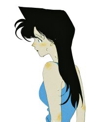 Rule 34 | 1girl, black hair, blue shirt, commentary, from side, highres, kudoooluv, long hair, looking to the side, original, shirt, simple background, sleeveless, sleeveless shirt, solo, upper body, water drop, wet, white background